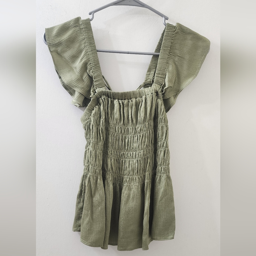 Ted Baker Olive Green Smocked Ruffle Top, Size 1.
